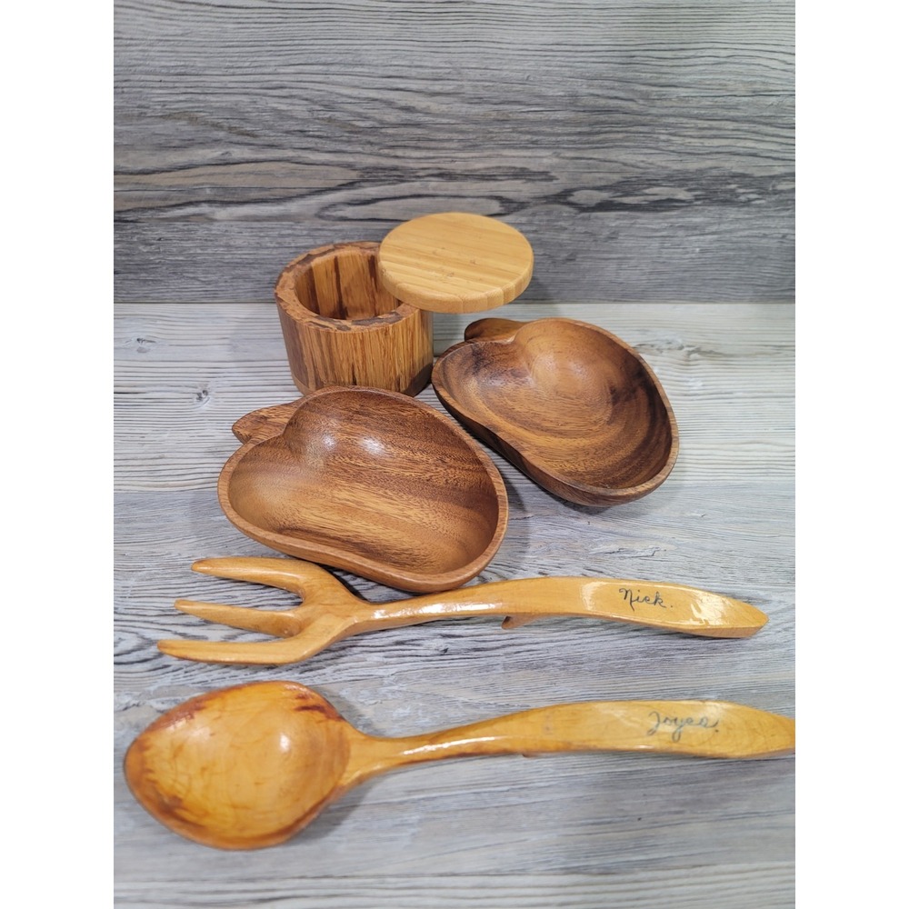 Bamboo salt box, hard wood trinket holder, serving spoons kitchen hand made